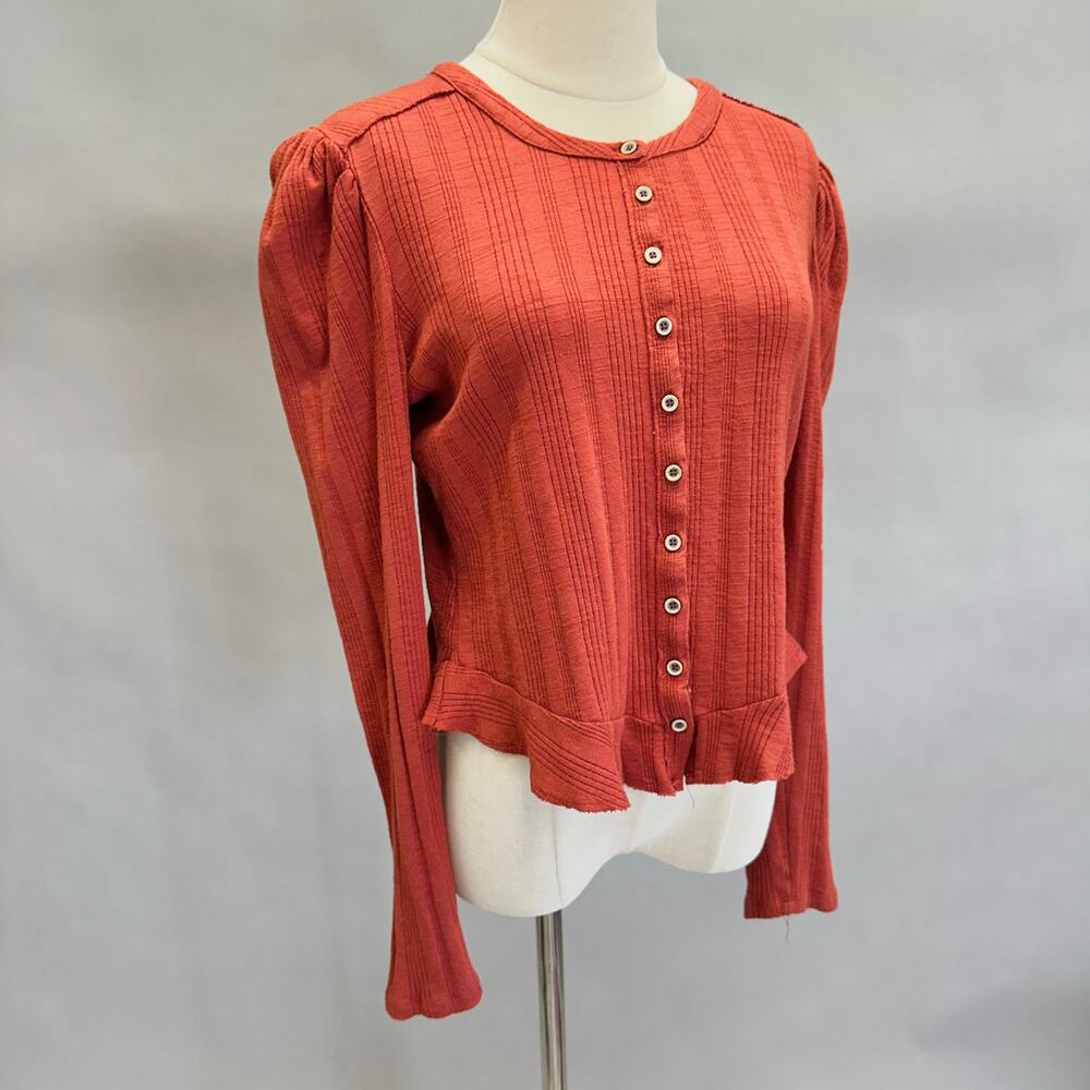 Anthropologie | Pilcro | Rust Red Button-Front Ribbed Long Sleeve Top - Picture 2 of 14